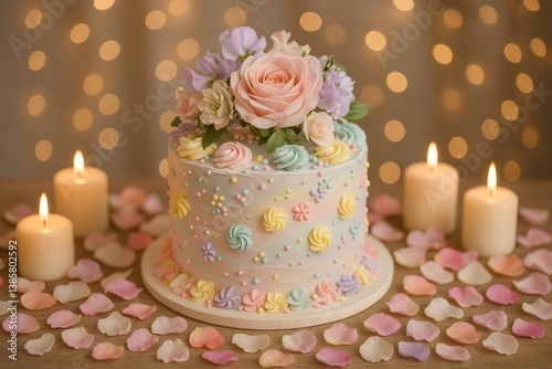 Elegant Layered Cake Decorated With Pastel Colors and Flowers at a Celebration