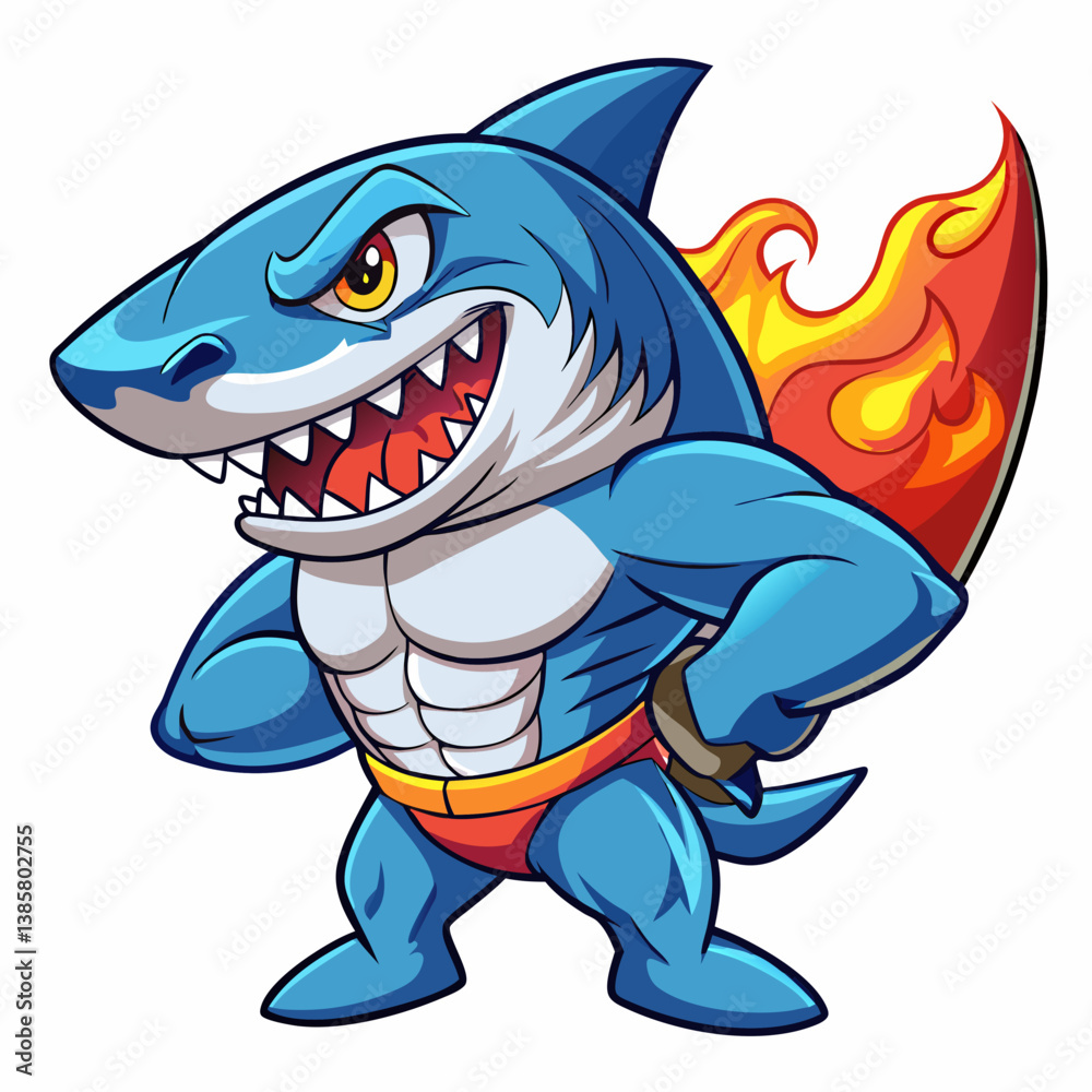 Naklejka premium Fierce Cartoon Shark with Flaming Sword and Red Shorts Illustration, cartoon shark, fierce shark, flaming sword, red shorts, shark illustration, strong shark, shark art, shark design, shark graphic