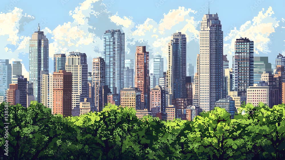 Pixel art city skyline with skyscrapers illustration background Pixel art city skyline with skyscrapers illustration background