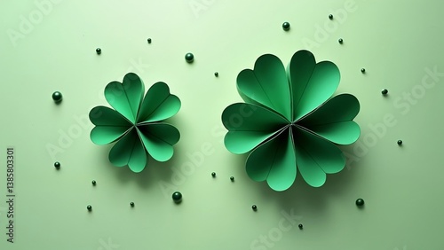 Two green paper clovers on a green background.