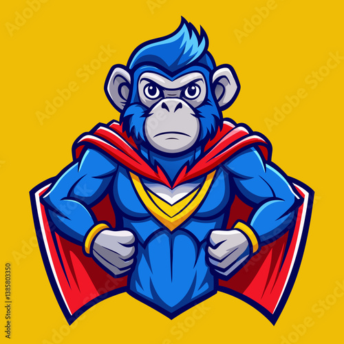 Superhero Monkey Cartoon with Blue Hair and Red Cape in Powerful Pose, superhero monkey, cartoon monkey, blue hair, red cape, powerful pose, monkey character, monkey illustration, monkey art, monkey