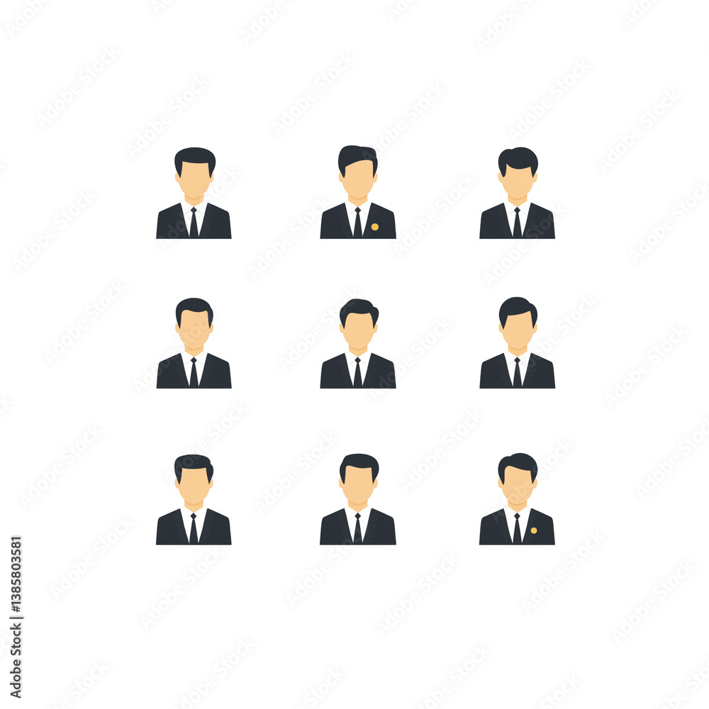 A grid of stylized male figures in suits, different expressions and features, representing a diverse group. A grid of stylized male figures in suits, different expressions and features, representing a diverse group.