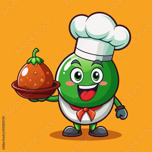A funny cartoon chef character in uniform and hat holds a plate of food, a vector illustration perfect for a restaurant icon, cartoon, chef, funny, food, plate, uniform, hat, restaurant, icon, vector