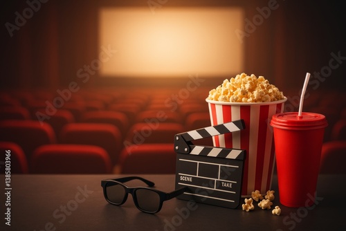 Movie Night Essentials Including Popcorn, Clapperboard, and 3D Glasses in an ...