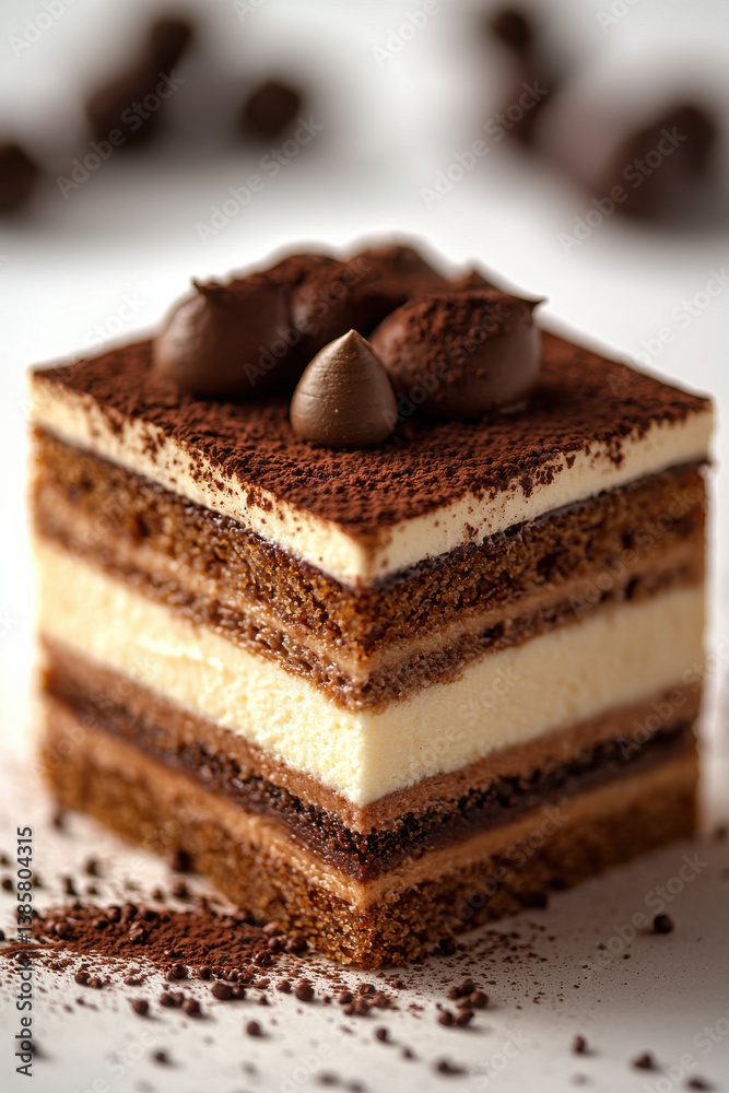Layered opera cake with chocolate ganache and cocoa powder on white background Layered opera cake with chocolate ganache and cocoa powder on white background