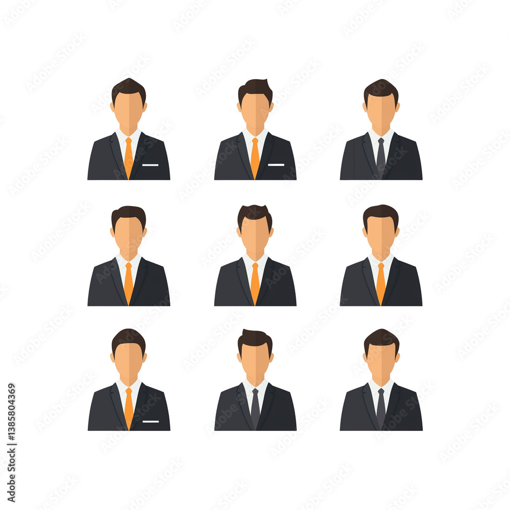 Nine stylized male figures in suits arranged in a grid, each wearing an orange tie. Nine stylized male figures in suits arranged in a grid, each wearing an orange tie.