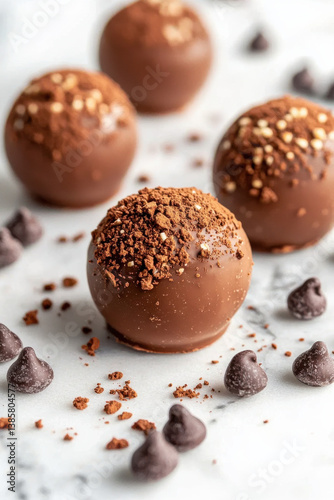 Chocolate truffles with cocoa powder and chocolate chips on marble surface