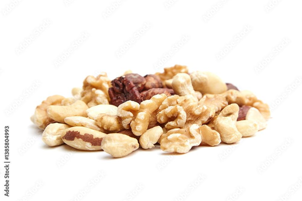 A close-up of assorted nuts including walnuts, cashews, Brazil nuts, and pecans, displayed on a white background, showcasing textures and variety A close-up of assorted nuts including walnuts, cashews, Brazil nuts, and pecans, displayed on a white background, showcasing textures and variety