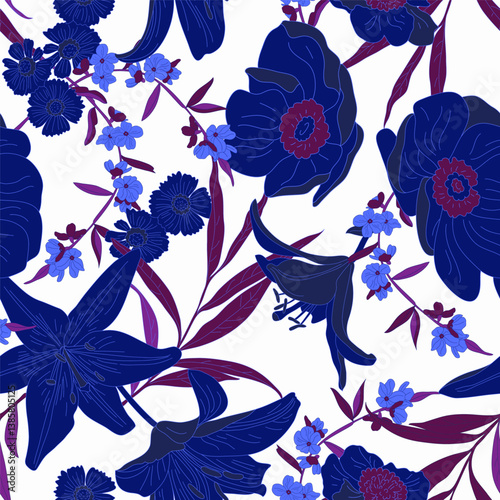 Vector seamless floral pattern for fabric with lilies and small cute flowers, perfect for spring summer mood