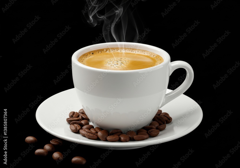 Obraz premium A steaming cup of coffee on a saucer surrounded by coffee beans against a black background studio shot