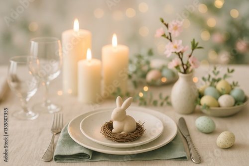 Obraz na płótnie Elegant Easter Table Setting With Candles, Flowers, and Decorative Bunny at Celebration w salonie
