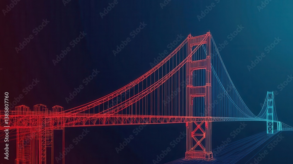 Naklejka premium Explodedview technical drawing of the Golden Gate Bridge, highlighting the main cables, suspension system, and towers