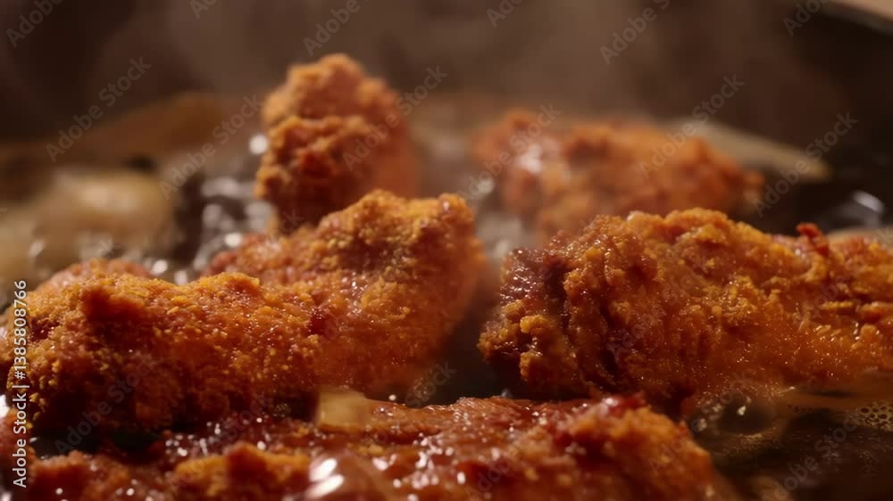 Close-up of crispy fried chicken wings cooking in hot oil, creating steam and bubbles, with a golden-brown crust Close-up of crispy fried chicken wings cooking in hot oil, creating steam and bubbles, with a golden-brown crust