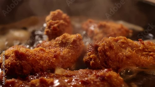 Close-up of crispy fried chicken wings cooking in hot oil, creating steam and bubbles, with a golden-brown crust
