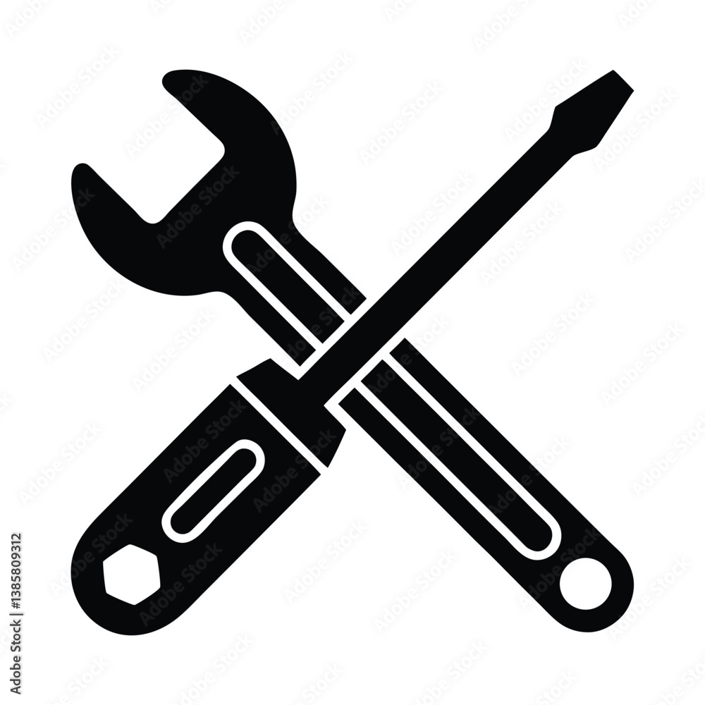 Black vector icon of crossed wrench and screwdriver. Minimalistic symbol for repair, maintenance, tools, engineering, settings, or construction interfaces. Black vector icon of crossed wrench and screwdriver. Minimalistic symbol for repair, maintenance, tools, engineering, settings, or construction interfaces.