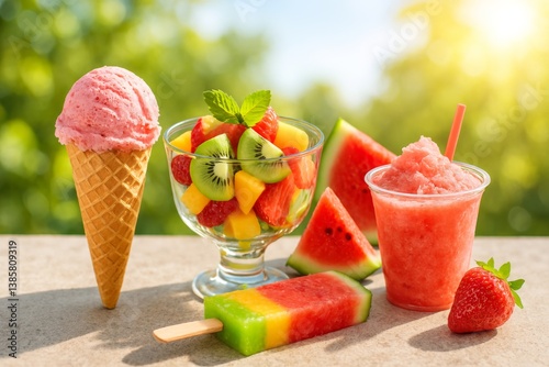 Colorful Assortment of Summer Desserts Displayed on Wooden Table in Sunlight