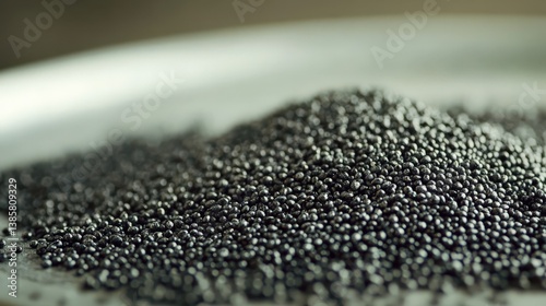 Close-Up of a Pile of Tiny Black Seeds on a Metal Plate Capturing the Intricate Texture and Rich Color of Natural Ingredients for Culinary and Health Applications