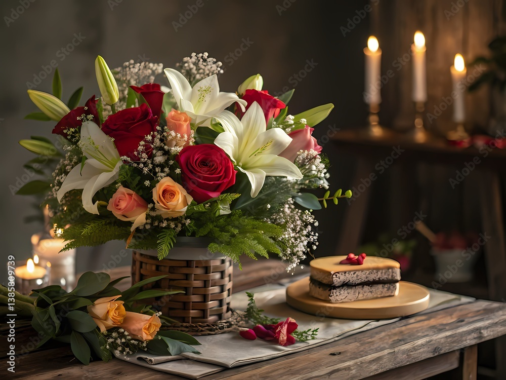 Obraz premium Birthday cake with flowers on the table