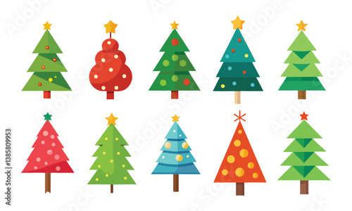 Colorful Christmas Trees Festive Holiday Decorations, Christmas Trees Set Vector Illustration