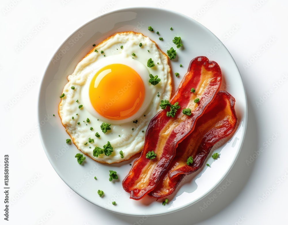 Sunny-side up egg with crispy bacon and herbs on a white plate Generative AI Sunny-side up egg with crispy bacon and herbs on a white plate Generative AI