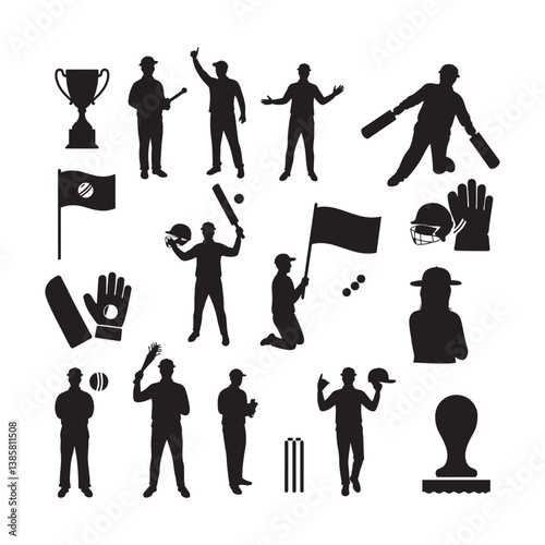 cricket player sports character icons silhouette vector elements set design illustrations
