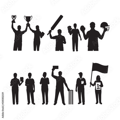 cricket player sports character icons silhouette vector elements set design illustrations