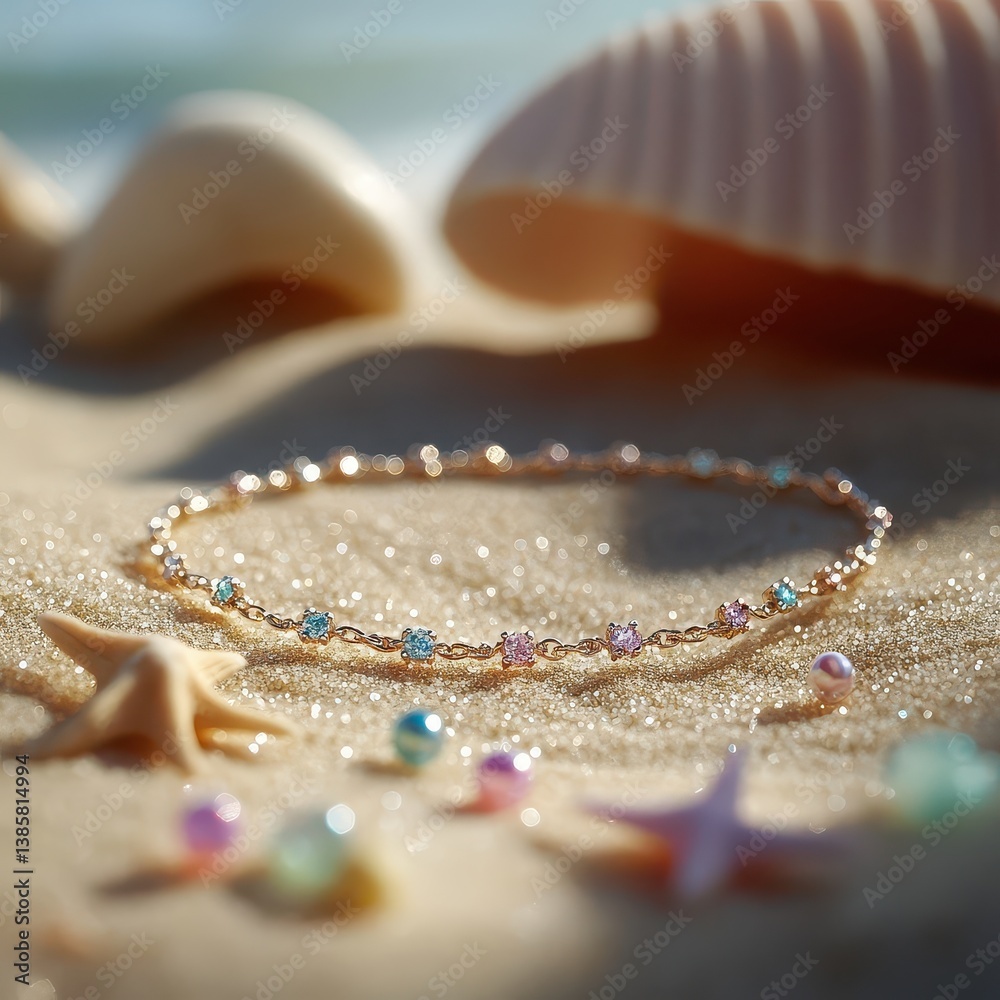 Elegant Beach Jewelry Display with Colorful Gemstones and Seashells Elegant Beach Jewelry Display with Colorful Gemstones and Seashells
