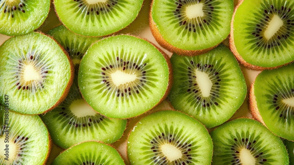 Thinly sliced kiwi pieces placed on a neutral background, emphasizing their vibrant color contrast and juicy texture. Thinly sliced kiwi pieces placed on a neutral background, emphasizing their vibrant color contrast and juicy texture.
