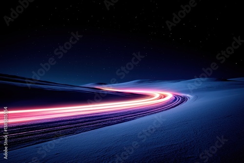 A mesmerizing night scene featuring a winding light trail on a snowy landscape under a starry sky, conveying a sense of motion and tranquility.