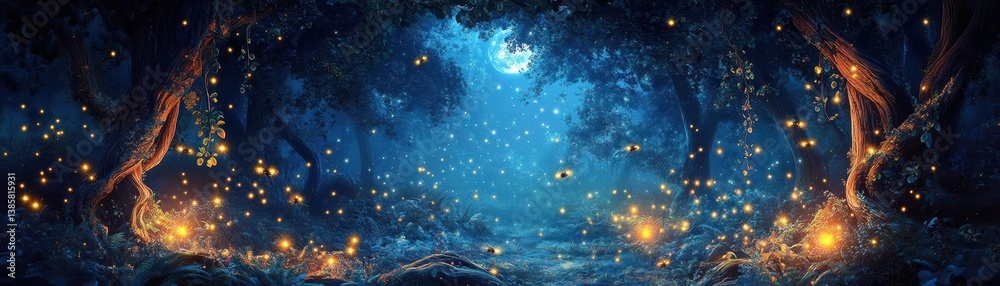 Fototapeta premium Vivid and immersive scene of a mystical forest illuminated by soft moonlight, featuring glowing fireflies and twisting vines, enchanting and serene
