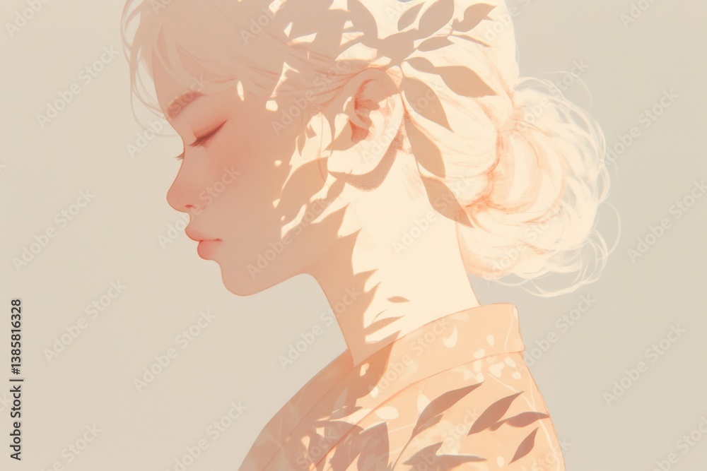 Serene woman basks in gentle light, shadow of foliage dancing on her face Serene woman basks in gentle light, shadow of foliage dancing on her face