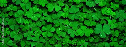 A large group of green clover leaves with water droplets on them.