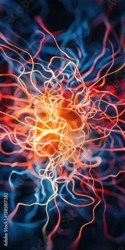 A vibrant abstract design featuring intertwining lines in red, blue, and orange, evoking energy and movement.