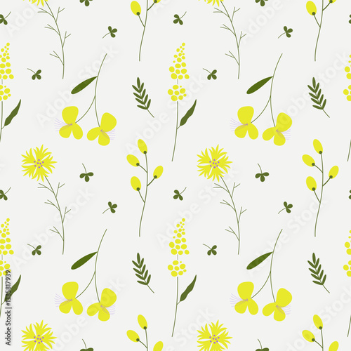 Obraz na plátně Yellow spring flowers and leafs seamless pattern