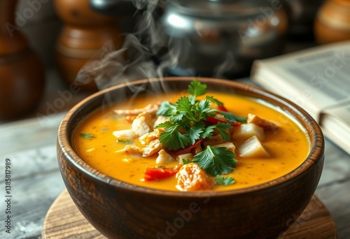 Tom Yum Soup in a rustic wooden bowl
