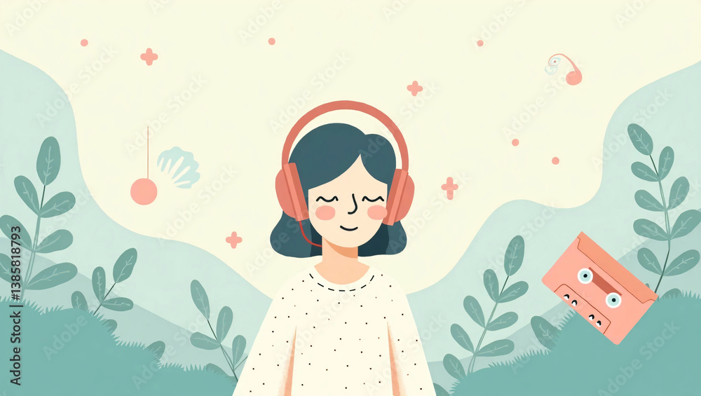 happy girl anime with headphone in flowers background happy girl anime with headphone in flowers background