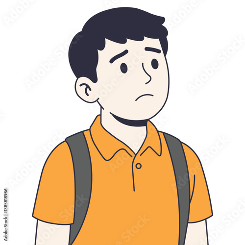 Cartoon-style illustration of a somber Asian preteen boy in an orange polo and backpack, gazing upward. Minimalist design, clean lines, white background, expressing quiet contemplation or sadness.