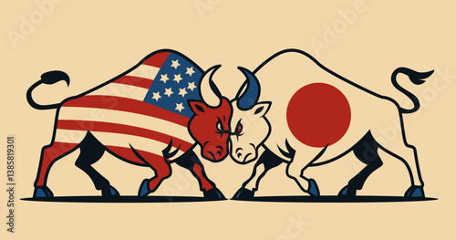 Bulls with USA and Japan flags clashing symbolizing trade war concept aggressive stance beige background