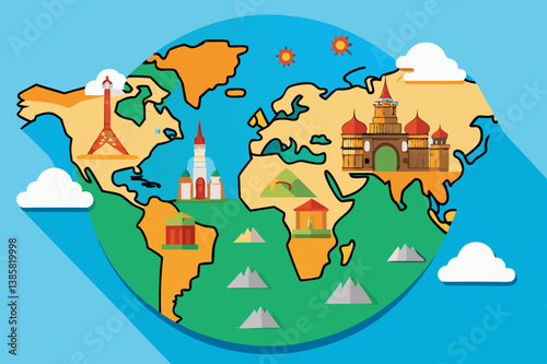 Flat vector map of the world with iconic landmarks marked
