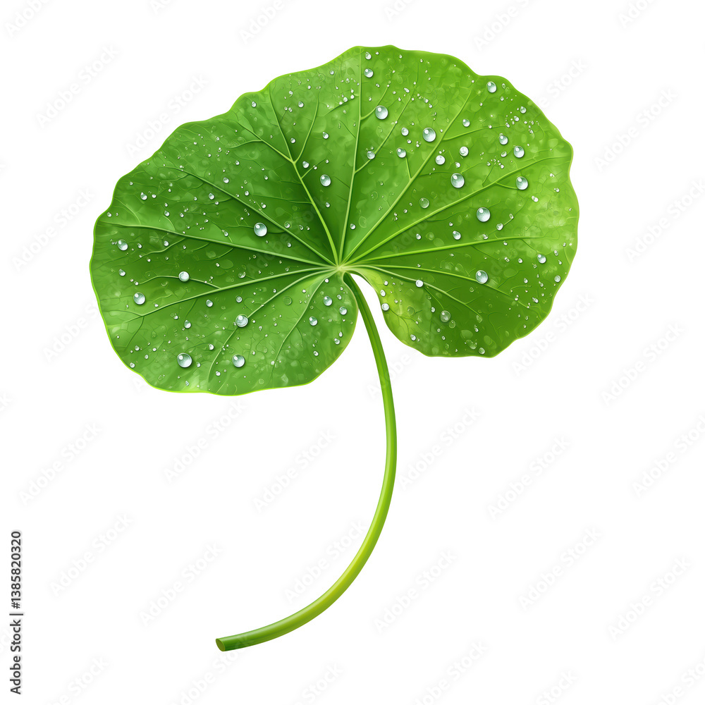 Fototapeta premium Single Centella Asiatica leaf with dewdrops and long stem representing herbal skincare, wellness, and natural healing, isolated on transparent background.