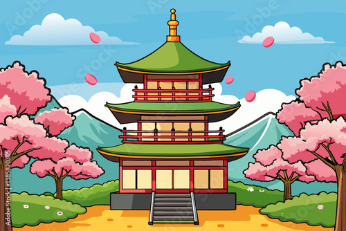 Traditional Japanese pagoda with cherry blossoms in full bloom
