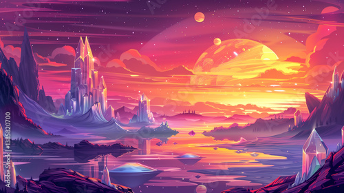 A surreal landscape with crystal mountains and a magical sunset illuminating the scene.