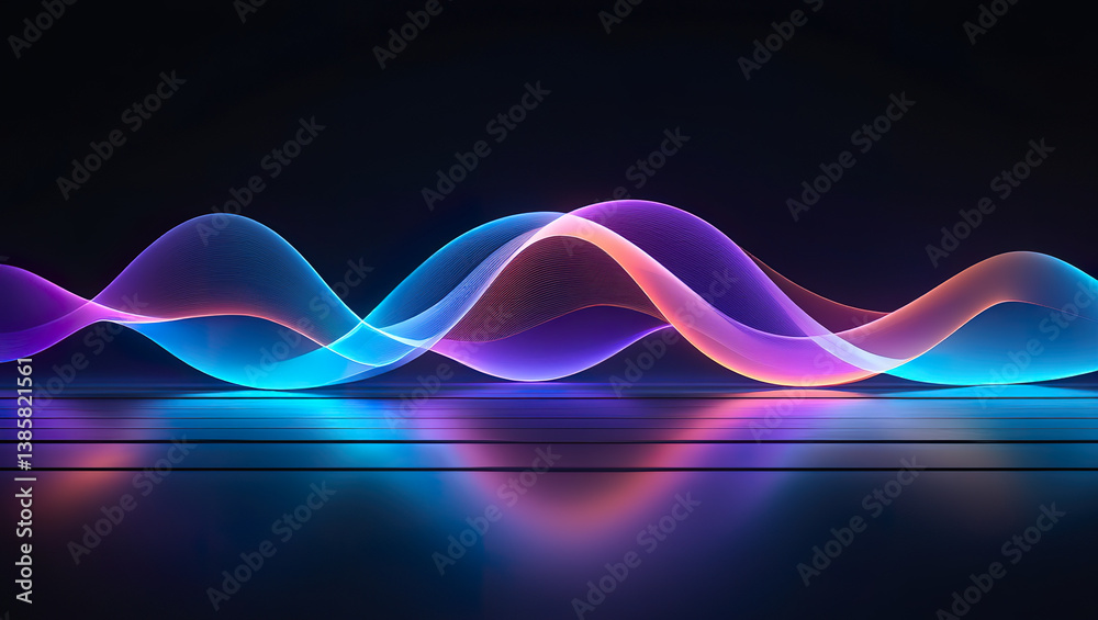 Vibrant neon waves reflecting on dark surface in digital night environment