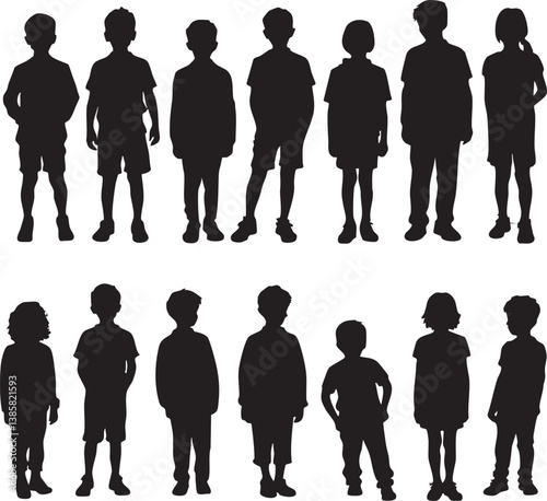 Group of Children Silhouettes Standing in Line Vector Illustration