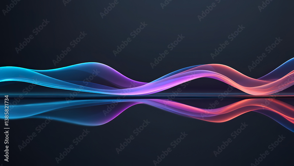 Translucent neon waves reflecting on dark surface with pastel color gradients