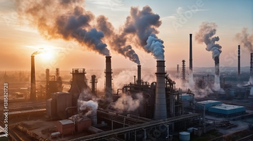 工場プラントの大気汚染、煙公害、PM2.5、エミッションイメージ