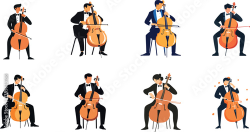 Multiple Isolated Vector Illustrations of Musicians Playing the Cello in Various Poses