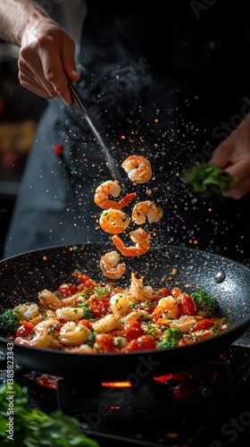 Chef tossing shrimp in a sizzling wok delicious seafood stir fry