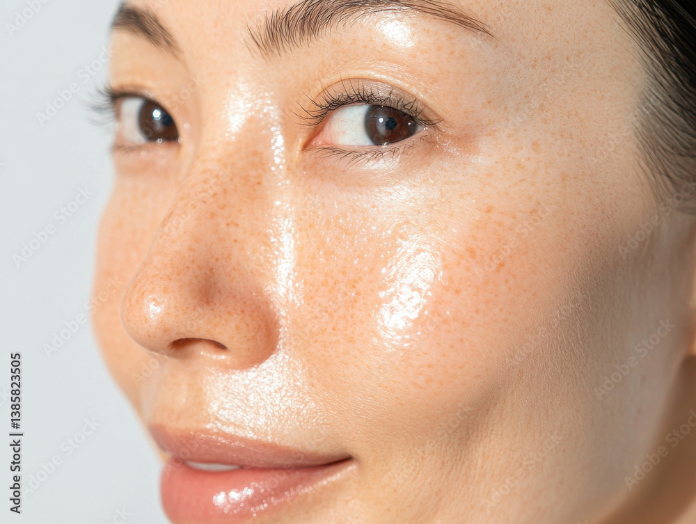 Fototapeta premium Asian woman face with glowing skin, freckles, and serene expression, highlighting natural beauty and skincare