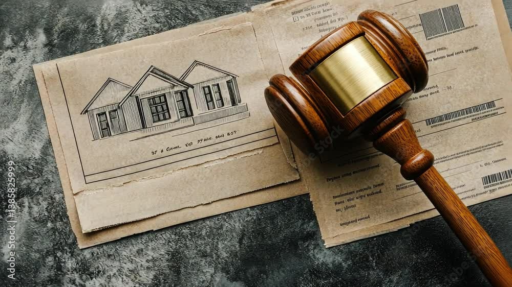 Wooden gavel on legal documents with architectural plans showcasing home design and concept drawings on a textured gray surface for law or real estate themes